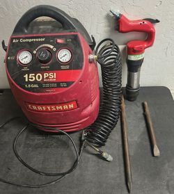 Kent Air Tool Co. Chipping Hammer KJR 1234 with 17" & 10.5" Bits & Compressor 