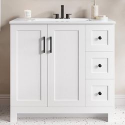 Assembled 36" Bathroom Vanity with Sink, Freestanding Modern Bathroom Vanity Cabinet with 2 Soft-Close Doors & 2 Storage Drawers, Undermount Rectangul