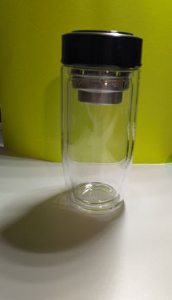 12 oz (350ml) double-wall glass tea tumbler - stainless steel infuser basket and black lid