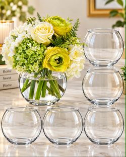 6 Pack Clear Round Glass Bubble Vases – 4.7” Centerpiece Bowls for Flowers & Candles