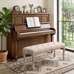 Country Style Bench, Beige Linen Color Upholstered, Fabric Bench, Accent Vintage Bench, 45.2" Wide