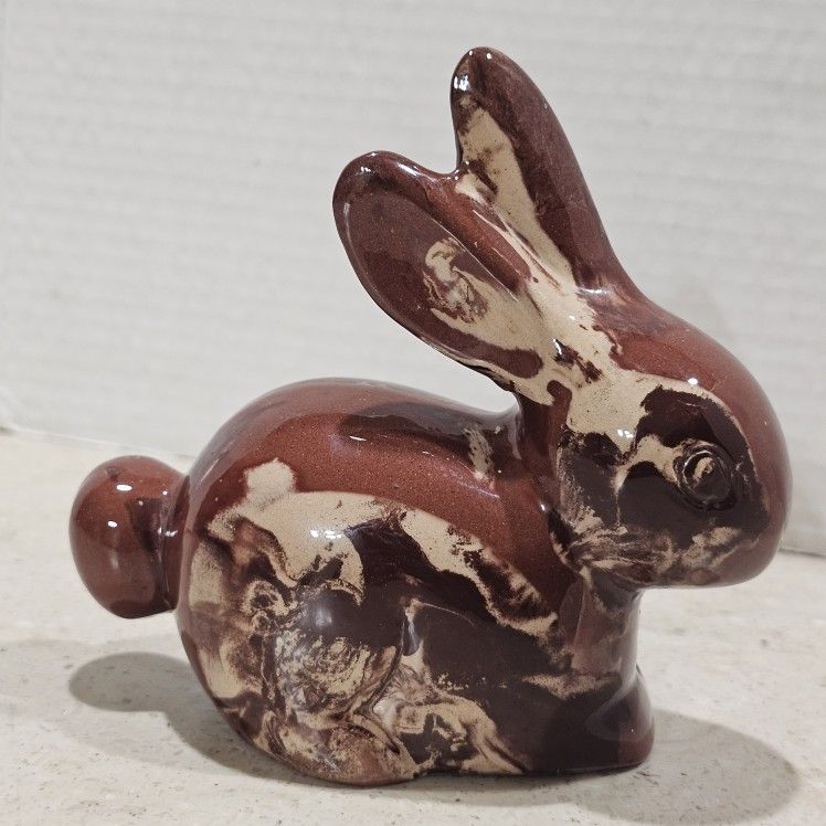 Vintage Bunny Rabbit Ceramic Marbled Brown Tan Sitting Figurine Statue 5" - 1991