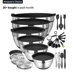 Mixing Bowls with Airtight Lids, 26Pcs Stainless Steel Bowls Set, 3 Grater Attachments & Black Non-Slip Bottoms Size 7, 4, 2.5, 2.0,1.5, 1QT, Great fo