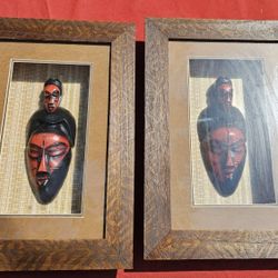 4-Piece Vintage African Tribal Mask Sculpture - Shadowbox Framed Set - 16"x11" Wall Art