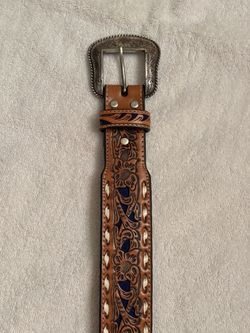 Tooled Leather Western Belt with Silver Buckle