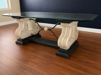 Glass rectangular dining table with Stone pedestals