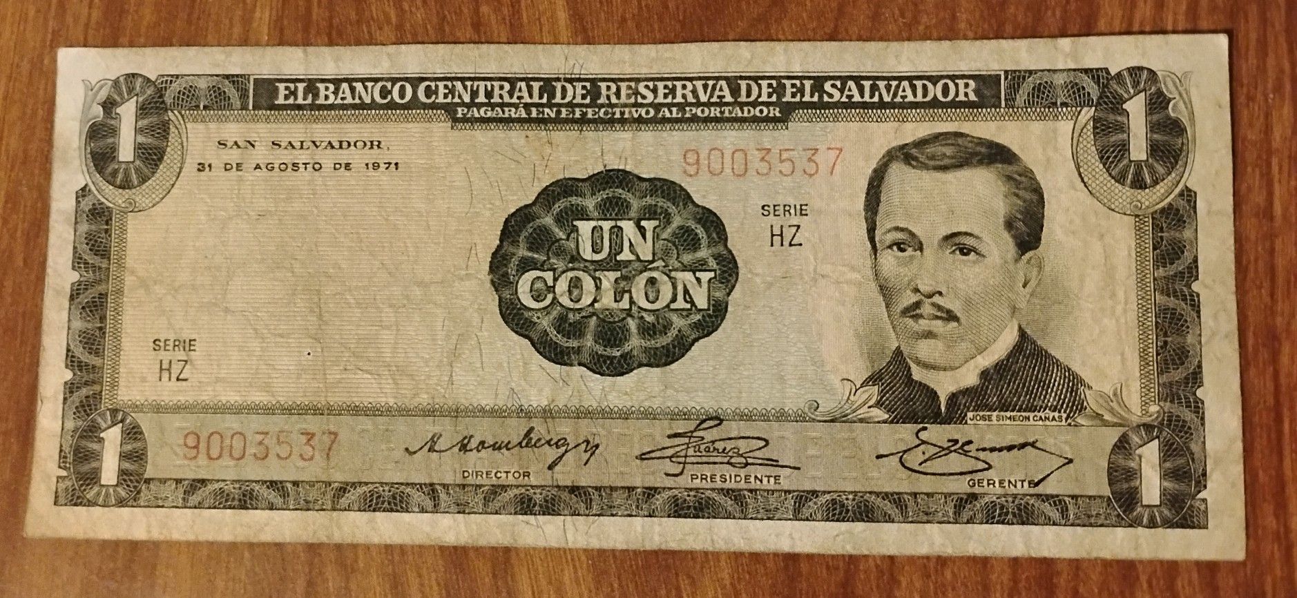 1974 El Salvador Vintage Colones Bill Banknote Currency