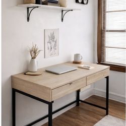 Modern Wood Writing Desk with Drawers and Charging Station