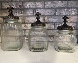 3 Glass Airtight Jars/containers With Decorative Lids