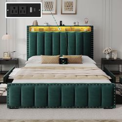 King Size Bed Frame Platform Bed Velvet Upholstered, Color- Green Velvet 
