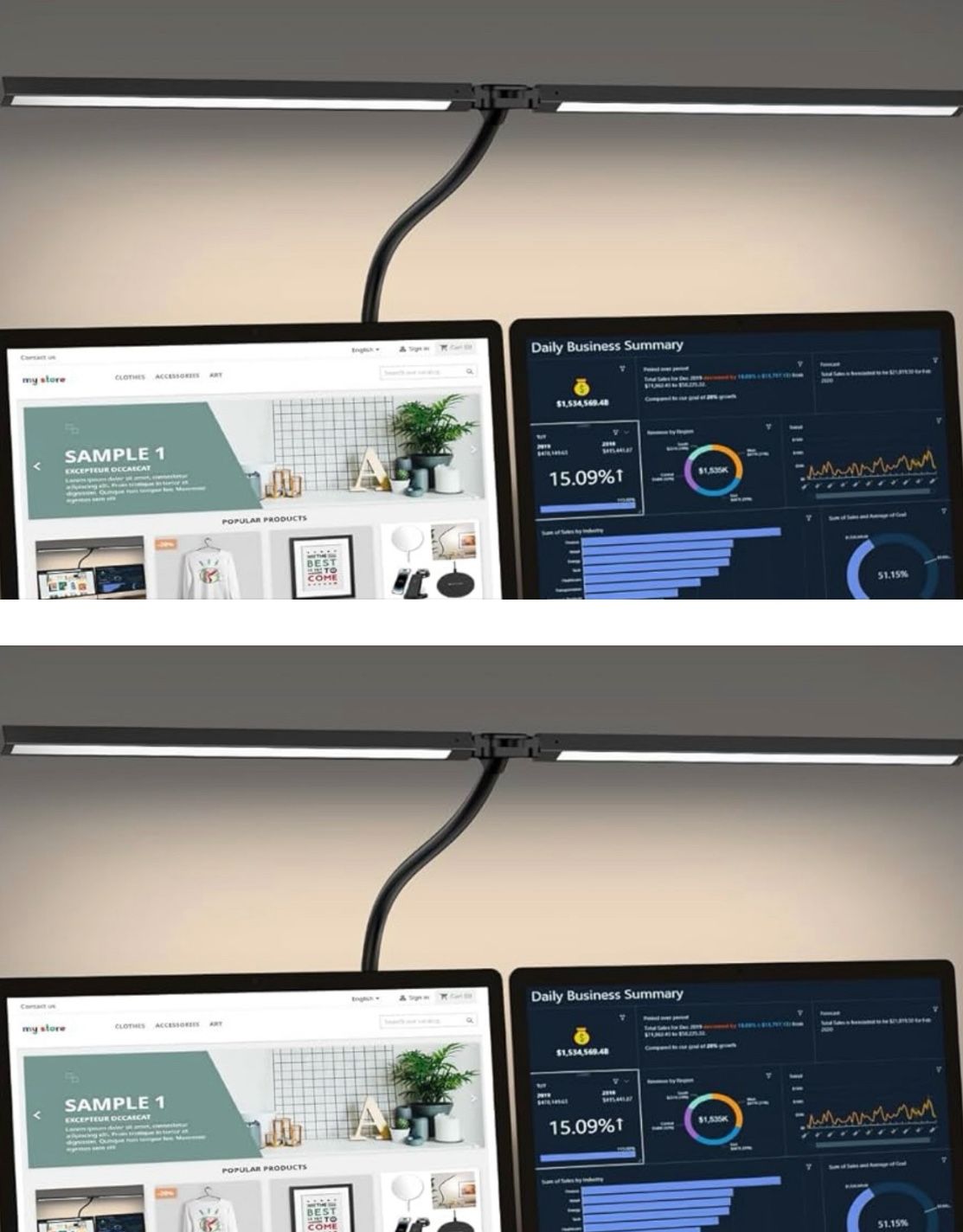 Set of 2 Dual Screen Computer Monitor Gooseneck Smart Lights: 24W 5 Color Flexible Adjustable