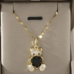 Black Heart Teddy Bear Pendant and Synthetic Cubic Zirconia With  Titanium Steel Necklace. 