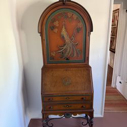 Old Antique Desk with Peacock Design