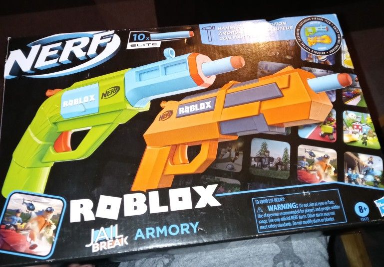 NERF Roblox Jailbreak: Armory, incluye 2 lanzadores de acción de martillo, 10 dardos de élite, código para desbloquear artículo virtual en el juego