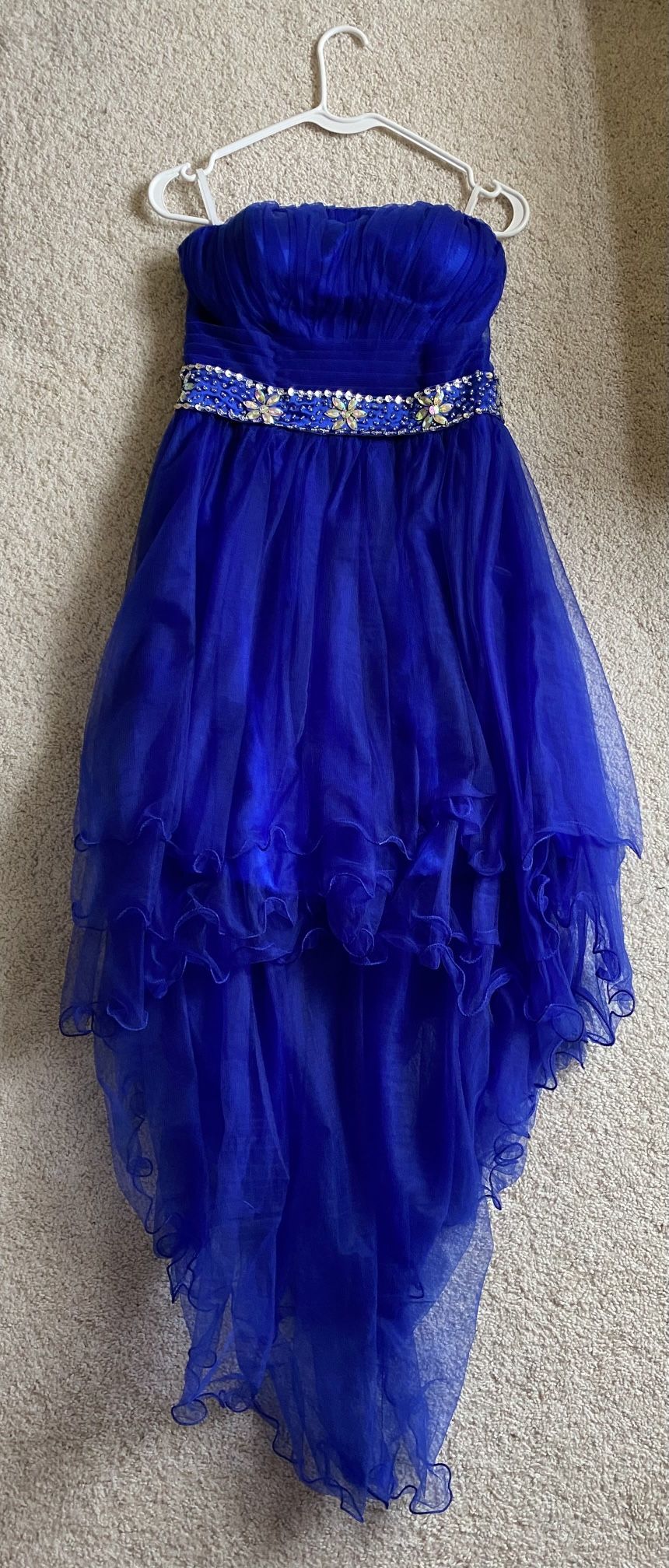 Short, Sleeveless Royal Blue Prom Dress with Sheer Lettuce-Ruffle Overskirt Tiers