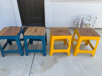 CB2 wood and metal stools