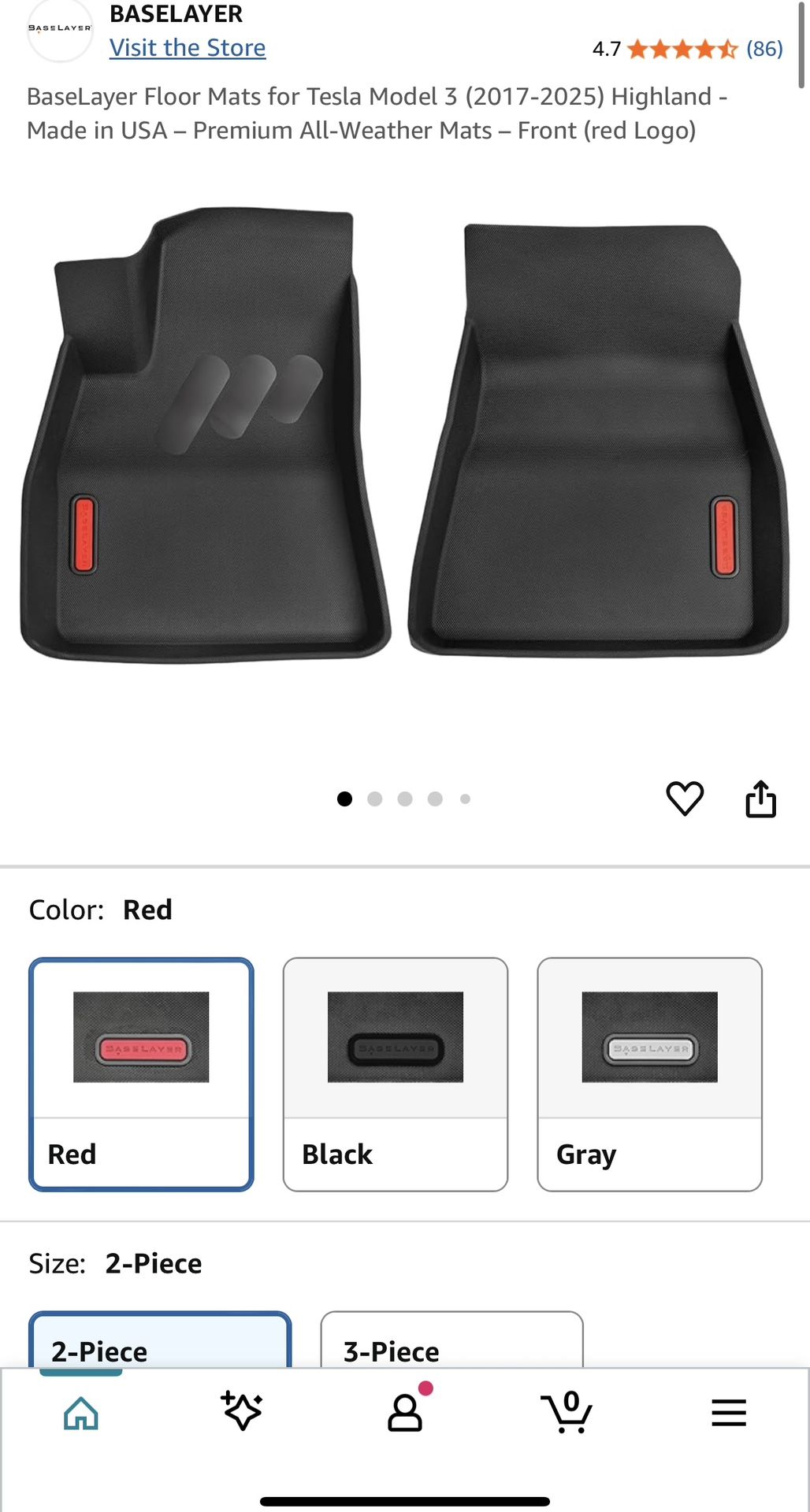 BaseLayer Floor Mats for Tesla Model 3 (2017-2025) Highland - Made in USA – Premium All-Weather Mats – Front (red Logo