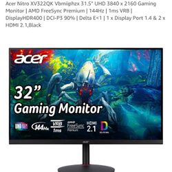 Acer Monitor 31.5" UHD 3840 x 2160 Gaming Monitor | AMD FreeSync Premium | 144Hz | 1ms VRB 