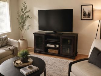 Dark Wood TV Stand with Glass Doors