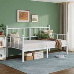Bed Frame Twin Size with Heavy Duty Steel Slats, Metal Sofa Bed for Living Room Bedroom, White Classics