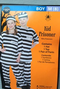 Brand New Boys Girls Medium 7-8 Stripes Jail Prison Prisoner Uniform Halloween Costume Hat Shirt Pants