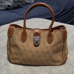 Dooney & Bourke Signature DB Logo Canvas Small Satchel / Turnlock Tote – Tan & British Tan