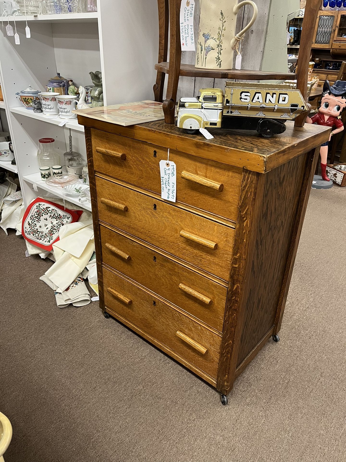 Antique Small 4 Drawer Keyhole Oak Chest