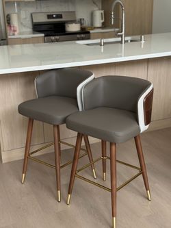 Modern Walnut and Grey Bar Stools - Set of 2
