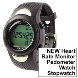 New Black Heart Rate Monitor / Pedometer / Watch / Stopwatch - Stainless Steel Back Water Resistant up to 98 ft., Backlight Display for Easy Night Use