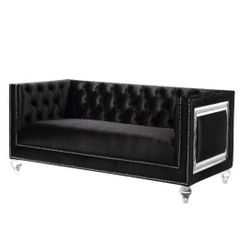 Black Velvet Loveseat Button Tufted Acrylic Legs Mirror Trim Accent Brand New In Box Firm Price $799