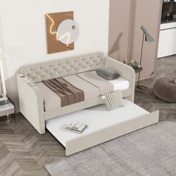 Sundby Twin Size Upholstered Daybed with Trundle and USB Charging Station