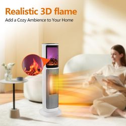750W/1500W Ceramic Tower Space Electric Heater. 3D Flame, 65° Oscillation, Remote Control, 12H Timer, Overheat Protection.
