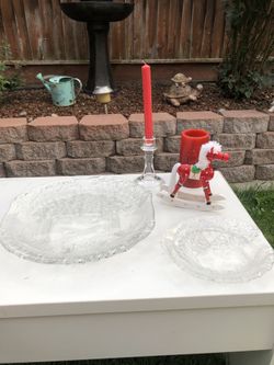 CrustaL platter and plate, rocking horse and glass candle holder
