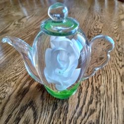 Solid Crystal Teapot Paperweight with Frozen White Flower in The Center of the Crystal 