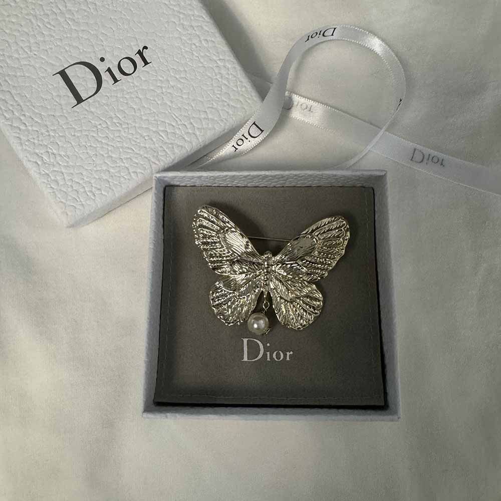 Dior Silver Butterfly Pearl Pendant Brooch