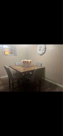 Ashley Furniture Walnut Dining Table + 4 Gray Upholstered Chairs – $350 OBO