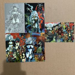 “LADY DEATH” “ RARE” “CHROMIUM MEGA POSTCARD SHOT” CARD SET (#0-1- #0-5)( 6”x4”). MINT!!!😎  