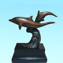 Vintage double dolphin cast statue w/ wooden base 8" X 7" inches Beautiful!