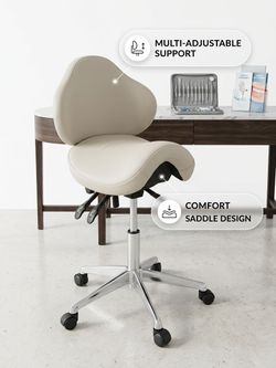 Ergonomic Adjustable Rolling Saddle Stool with Backrest Beige Chrome Base