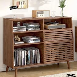 Large Record Player Stand, Mid-Century Turntable Stand with Doors and Charging Station Record Player Table Holds Up to 450 Albums Vinyl Storage Displa