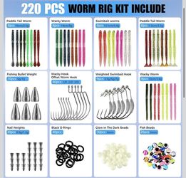 🆕 In 📦 220PCS Fishing Lures,Wacky Worm,Soft Plastic Baits,Fishing Hooks,Weights&Accessories,Wacky Rig Kit Fishing Gear with Tackle Box