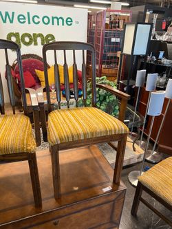 Mid-Century Solid Wood Armchair with Gold Striped Upholstery