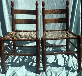 2 Antique Scandinavian Painted Folk Art Ladder Back Chairs w/ Hyde seats