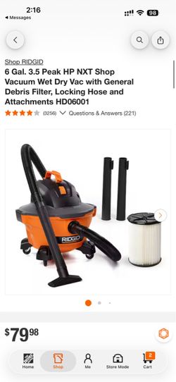 RIDGID 6 Gal. 3.5 Peak HP NXT Shop Vacuum Wet Dry Vac with General Debris Filter, Locking Hose and Attachments HD06001