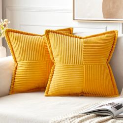 Golden Yellow Corduroy Pillow Covers 20x20 Inch with Splicing Set of 2 Soft Boho Striped Pillow Covers Broadside Decorative Textured Summer Pillowcase