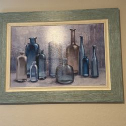 Large Painting Of Blue Vases With Accents Of Green And White