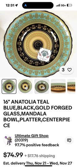 16 Inch Anatolia Teal, Black, And Gold Forged Glass Mandala Bowl