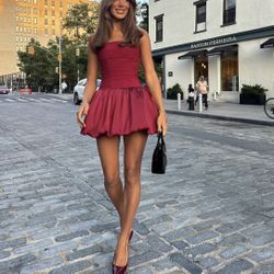 Oh Polly  HALTERNECK LACE-UP BUBBLE HEM CORSET MICRO MINI DRESS IN BERRY RED