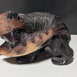 Hand-Carved Wood Bear with Salmon Sculpture - Rustic Cabin Decor (5.5" x 9")
