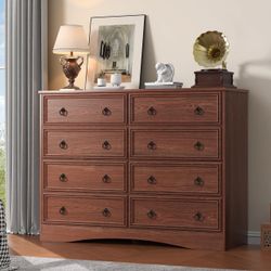 8 Drawer Dresser for Bedroom, Cherry Wood Chest of Drawers, Large Storage for Clothes, Vintage Design, for Living Room, Bedroom, Hallway 47.24W*15.75D